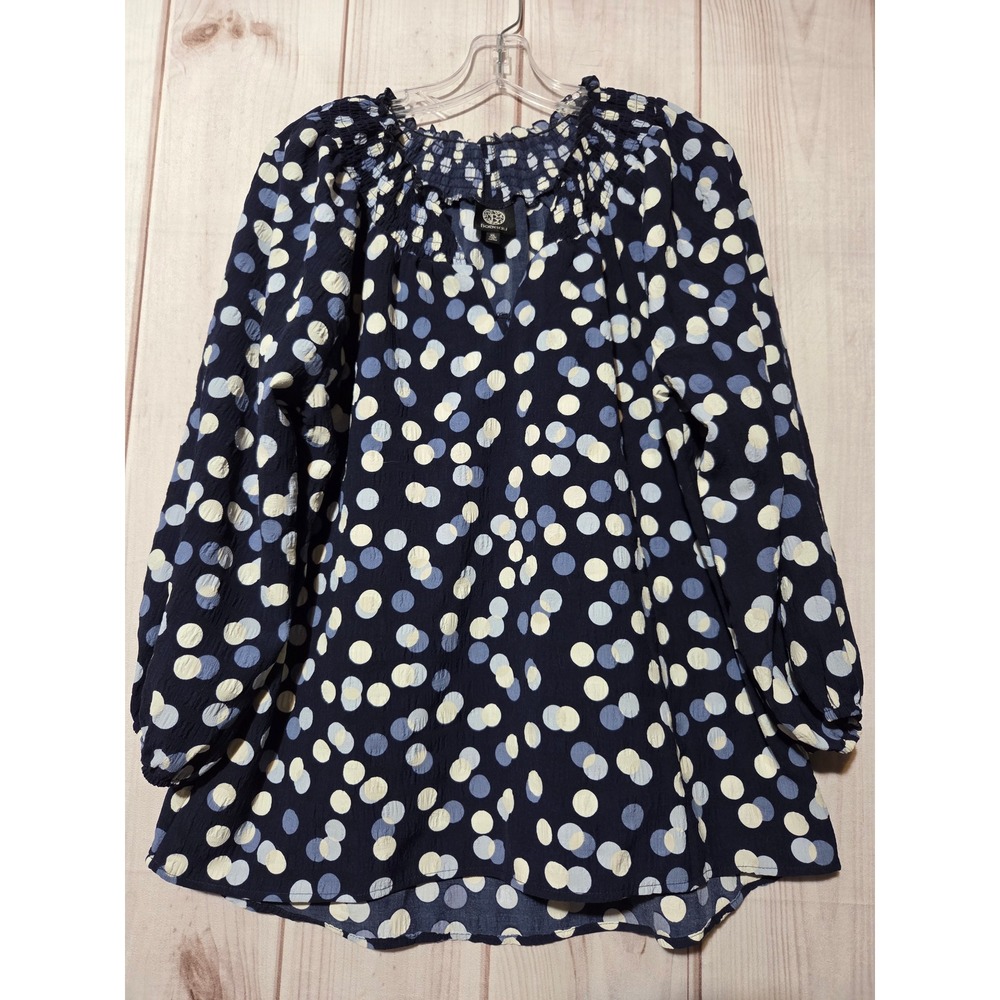 Boboau Navy Blue Polka Dot Smocked Neck Long Sleeve Blouse‎ Top XL